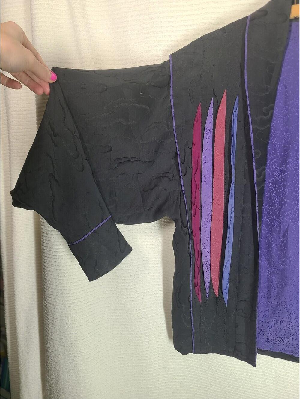 Vtg 80s Black Nylon Kimono Jacket Color Decoration Ooak Unique 90s Retro M L - Picture 6 of 9